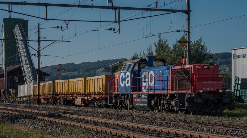 Foto: SBB-Cargo-Güterzug im Thurgau vor einem Schweizer Industriewerk